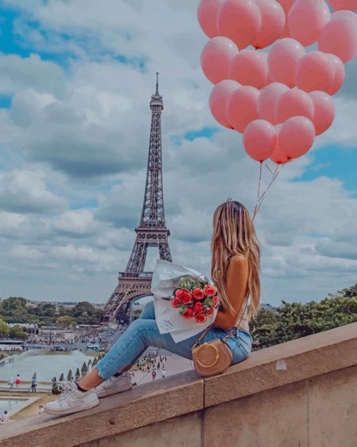 Girl Holding Pink Balloons In Paris paint by numbers