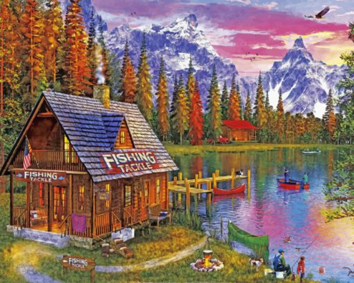 Fishing hut lakeside paint by number