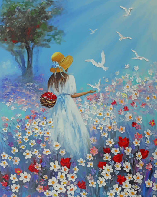 Girl In Flowers Garden Art Paint By, Flower Garden Painting Images
