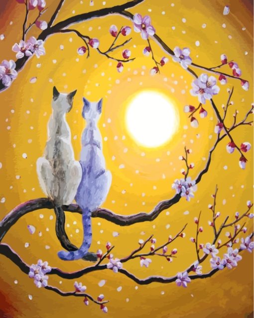 Siamese Cats Nestled In Golden Sakura paint by numbers