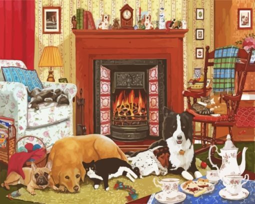 Dogs And Cats In House Paint by numbers