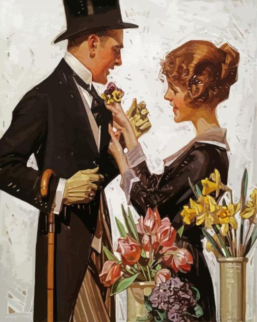 Edwardian Couple Near Flowers paint by numbers