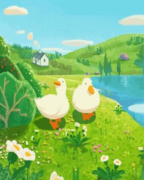 Two White Duck Near River paint by numbers