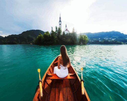 Aesthetic Girl In Boat In Lake Bled paint by numbers