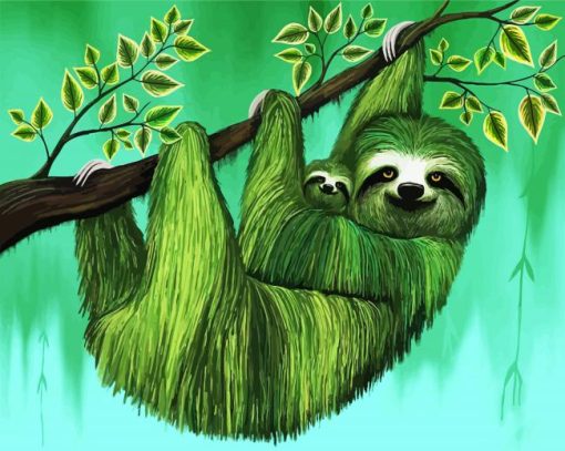 Hanging Green Sloth With His Mother paint by numbers