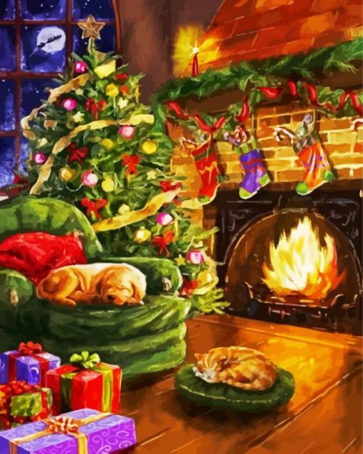 Puppies Near Fire In Christmas paint by numbers