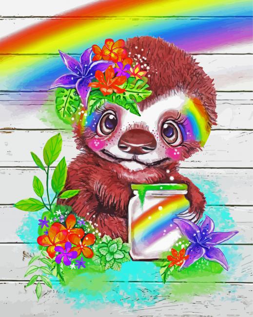 Rainbow Sloth And Flowers Animal paint by numbers