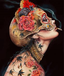 Smoking Girl With Flowers And Head Skull paint by numbers