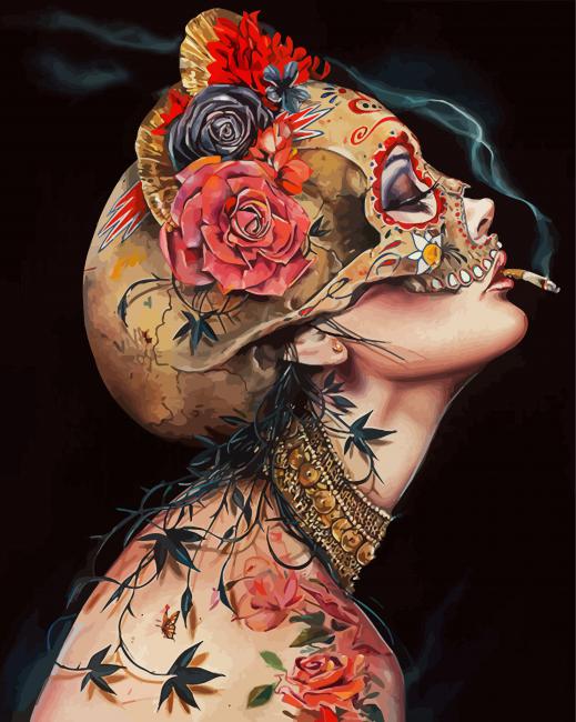 Smoking Girl With Flowers And Head Skull paint by numbers