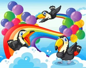 Toucans Birds And Balloons And Rainbow paint by numbers