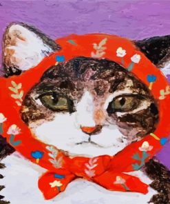 Aesthetic Cute Cat With Red Scarf paint by numbers