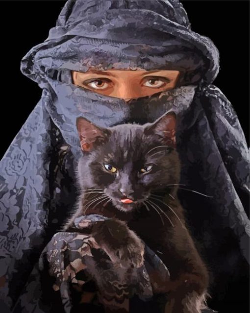 Arabic Woman And Black Cat paint by number