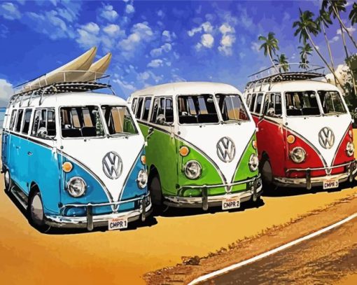 Colorful Volkswagen Campervans paint by numbers