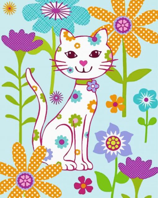 Cute White Cat And Flowers paint by numbers