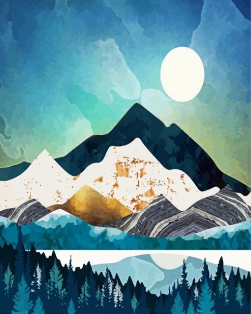 Mettalic Mountains And Full Moon Art paint by numbers