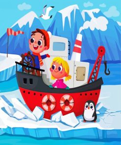 Cute Snow Pirates In A Red Ship paint by numbers