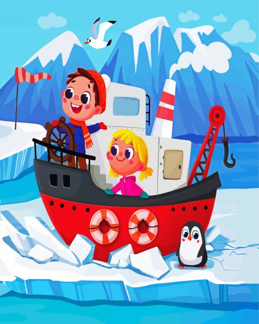Cute Snow Pirates In A Red Ship paint by numbers