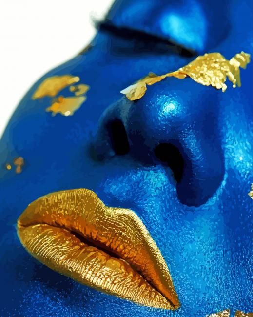 Close Up Blue Gold Woman Face paint by numbers