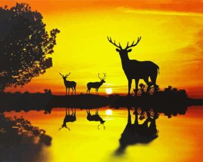 Deer And Cubs Silhouette At Sunset paint by numbers