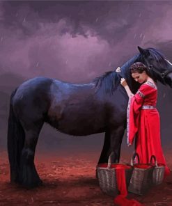 Aesthetic Woman In Red On A Black Horse Paint By Number