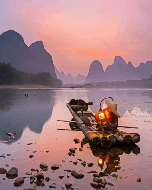 Guilin Mountains Fisherman Paint By Number