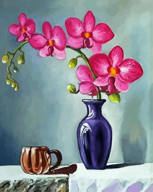 Pink Orchids And Violet Vase Paint By Number