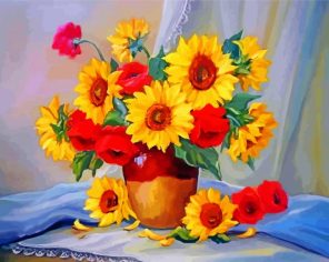 Red Roses And Sunflowers Vase Paint By Number