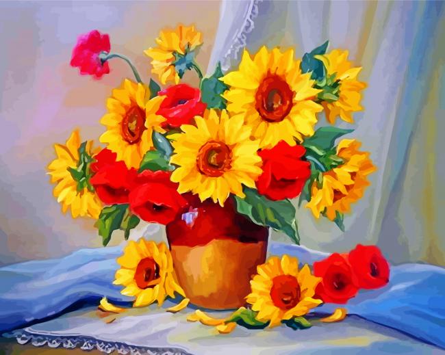 Red Roses And Sunflowers Vase Paint By Number