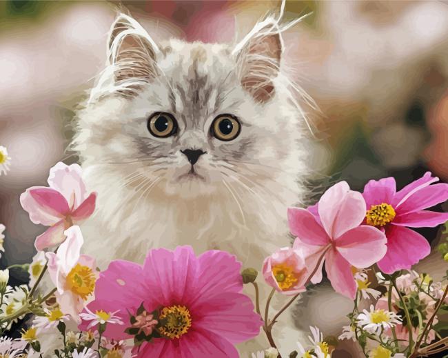 Cute Cat And Flowers Paint By Number