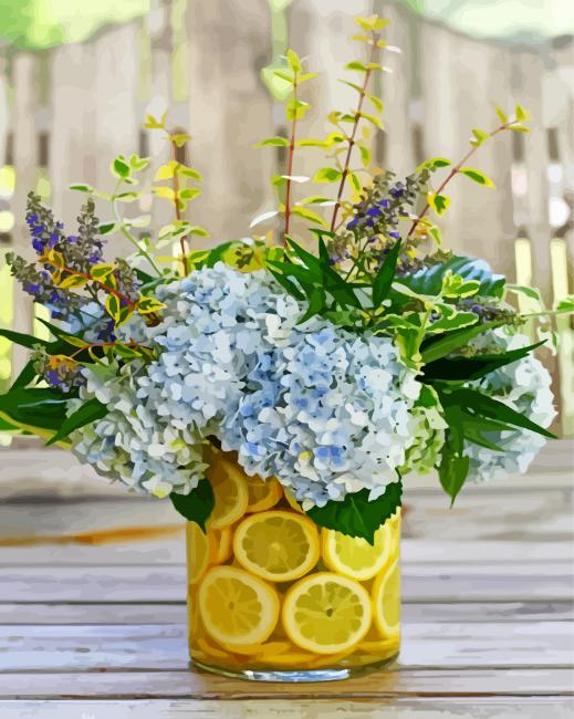 Lemons In Vase With Hydrangea Paint By Number